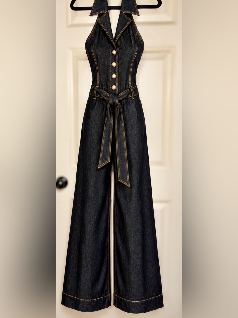 Bisou Bisou Y2K Dark Denim Halter Jumpsuit Wide Leg Open Back L - Picture 8 of 13